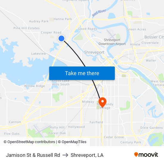 Jamison St & Russell Rd to Shreveport, LA map