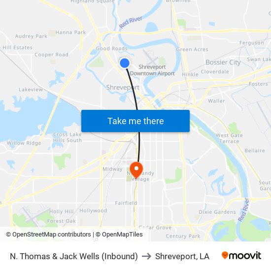 N. Thomas & Jack Wells (Inbound) to Shreveport, LA map