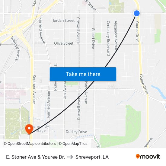 E. Stoner Ave & Youree Dr. to Shreveport, LA map