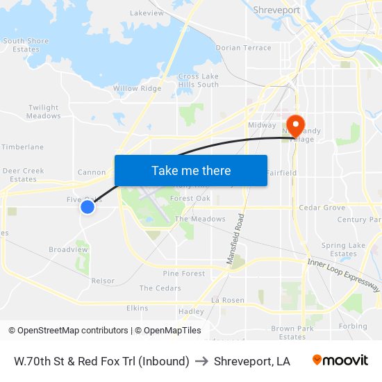 W.70th St & Red Fox Trl (Inbound) to Shreveport, LA map