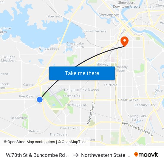 W.70th St & Buncombe Rd (Outbound) to Northwestern State University map