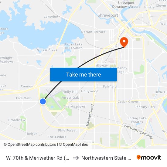 W. 70th & Meriwether Rd (Outbound) to Northwestern State University map