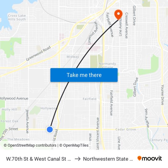 W.70th St & West Canal St (Outbound) to Northwestern State University map