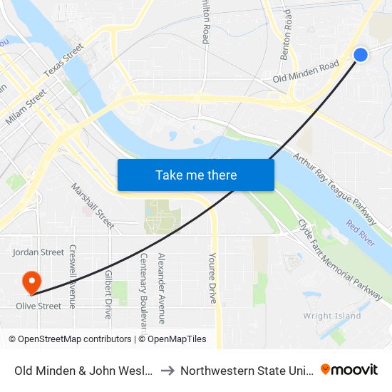 Old Minden & John Wesley Blvd to Northwestern State University map