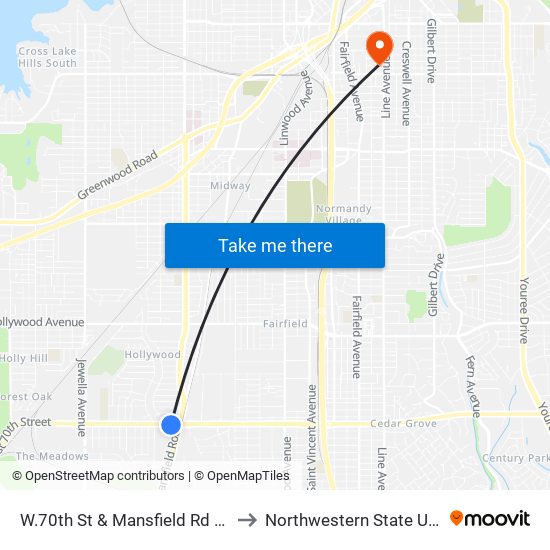 W.70th St & Mansfield Rd (Inbound) to Northwestern State University map