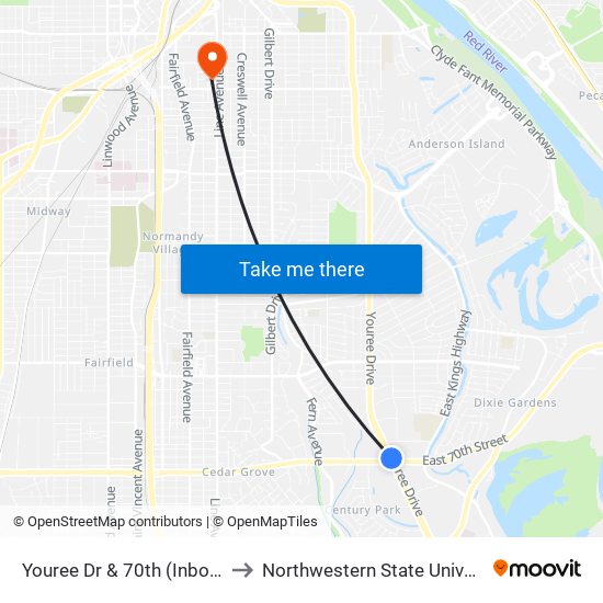 Youree Dr  & 70th (Inbound) to Northwestern State University map