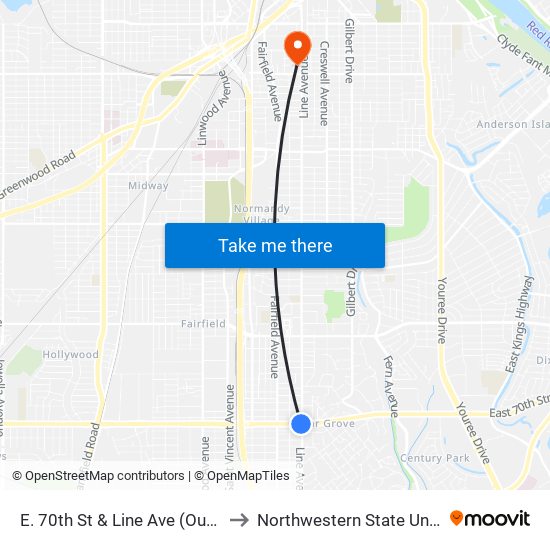 E. 70th St & Line Ave (Outbound) to Northwestern State University map