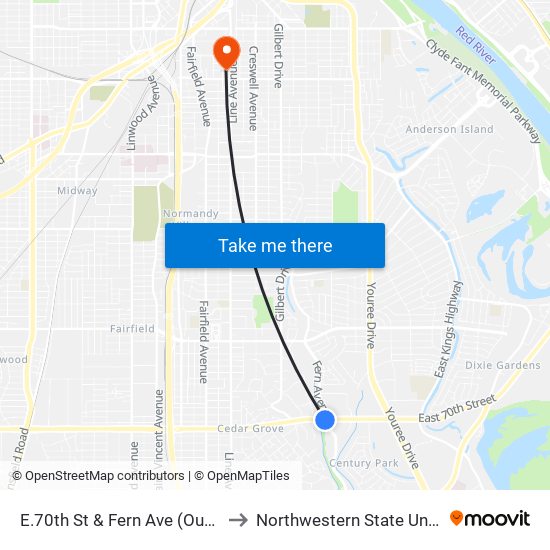 E.70th St & Fern Ave (Outbound) to Northwestern State University map