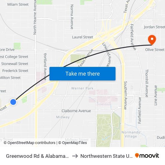 Greenwood Rd & Alabama (Inbound) to Northwestern State University map