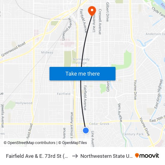 Fairfield Ave & E. 73rd St (Outbound) to Northwestern State University map