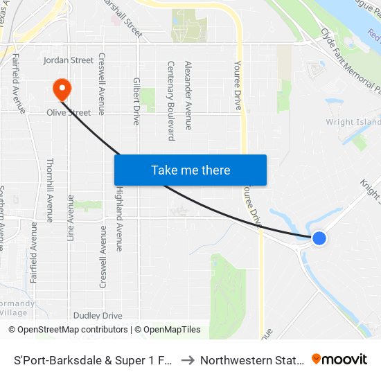 S'Port-Barksdale & Super 1 Foods (Outbound) to Northwestern State University map