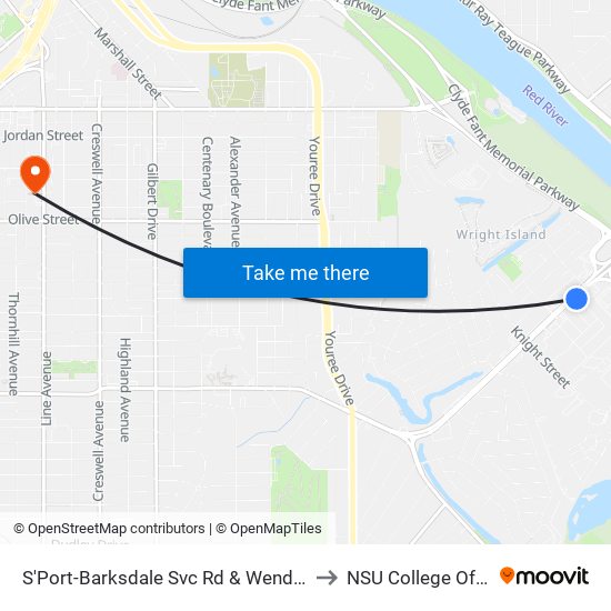 S'Port-Barksdale Svc Rd & Wendys (Outbound) to NSU College Of Nursing map