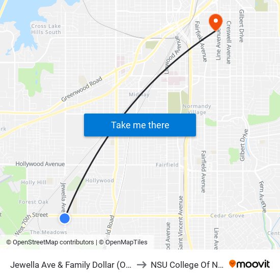 Jewella  Ave & Family Dollar (Outbound) to NSU College Of Nursing map