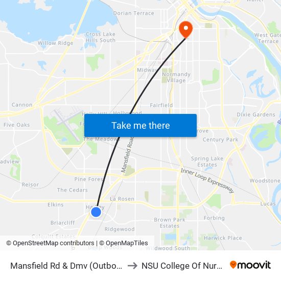 Mansfield Rd & Dmv (Outbound) to NSU College Of Nursing map