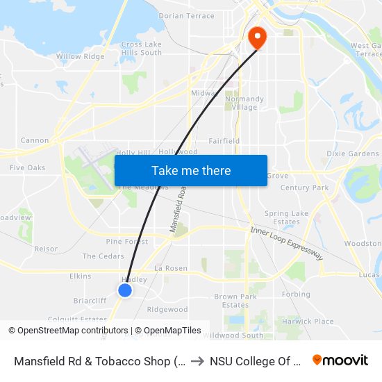 Mansfield Rd & Tobacco Shop (Outbound) to NSU College Of Nursing map