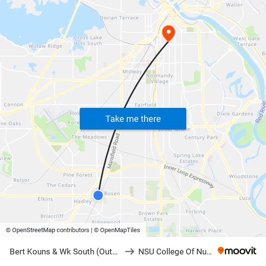 Bert Kouns & Wk South (Outbound) to NSU College Of Nursing map