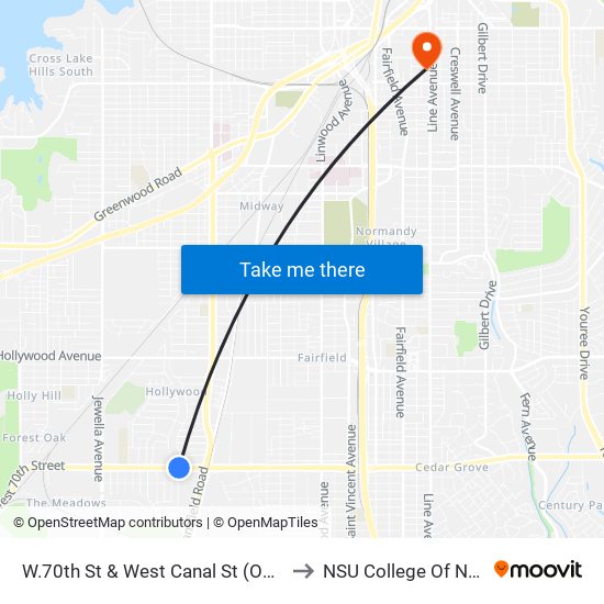 W.70th St & West Canal St (Outbound) to NSU College Of Nursing map