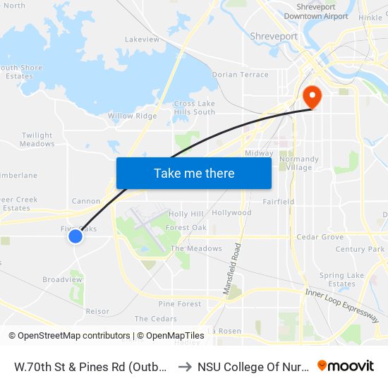 W.70th St & Pines Rd (Outbound) to NSU College Of Nursing map