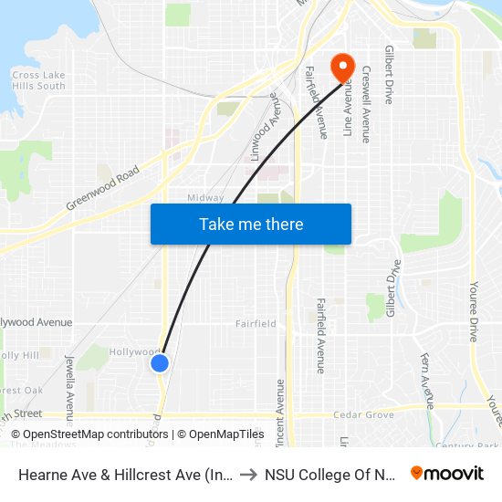 Hearne Ave & Hillcrest Ave (Inbound) to NSU College Of Nursing map