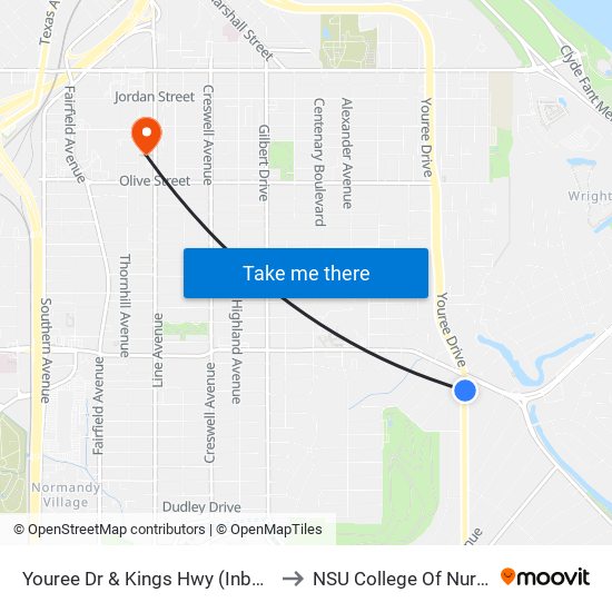 Youree Dr & Kings Hwy (Inbound) to NSU College Of Nursing map