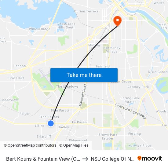 Bert Kouns & Fountain View (Outbound) to NSU College Of Nursing map