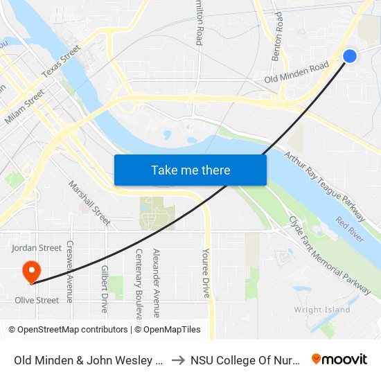 Old Minden & John Wesley Blvd to NSU College Of Nursing map