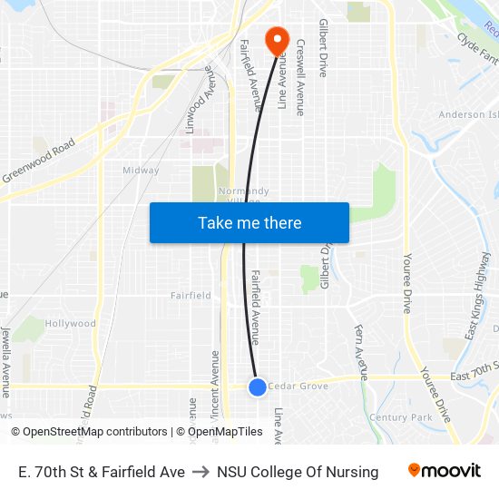 E. 70th St & Fairfield Ave to NSU College Of Nursing map