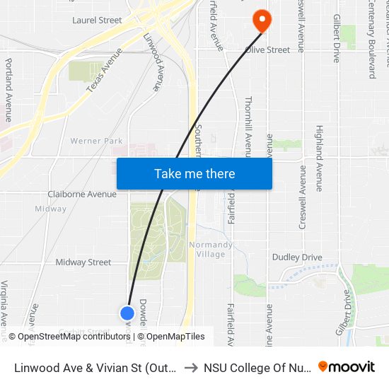 Linwood Ave & Vivian St (Outbound) to NSU College Of Nursing map