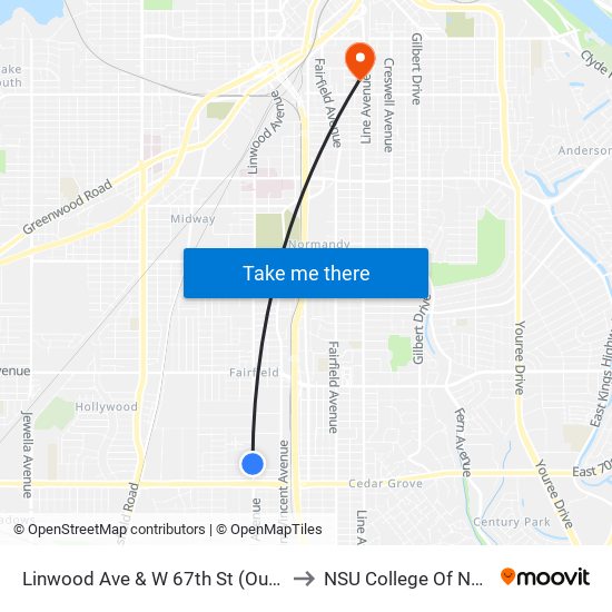 Linwood Ave & W 67th St (Outbound) to NSU College Of Nursing map