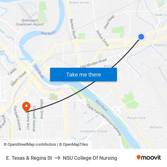 E. Texas & Regina St to NSU College Of Nursing map