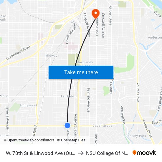 W. 70th St & Linwood Ave (Outbound) to NSU College Of Nursing map