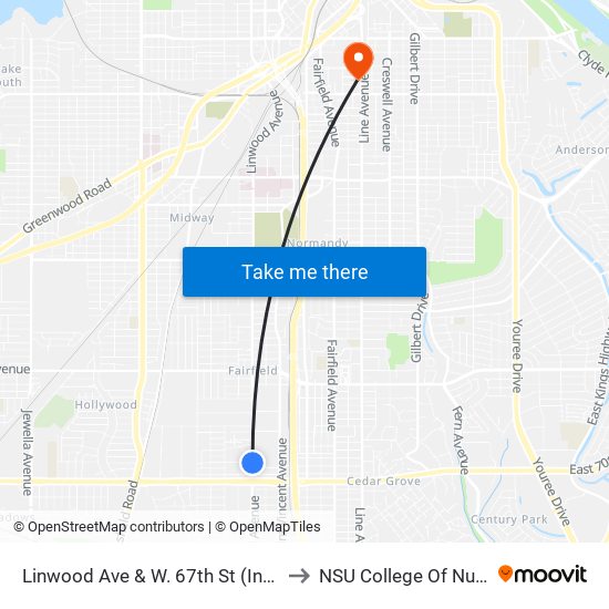 Linwood Ave & W. 67th St (Inbound) to NSU College Of Nursing map