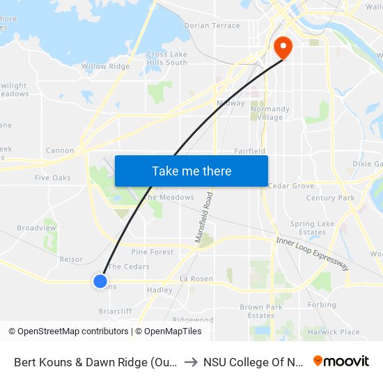 Bert Kouns & Dawn Ridge (Outbound) to NSU College Of Nursing map