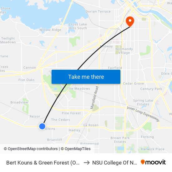 Bert Kouns & Green Forest (Outbound) to NSU College Of Nursing map