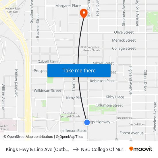 Kings Hwy & Line Ave (Outbound) to NSU College Of Nursing map