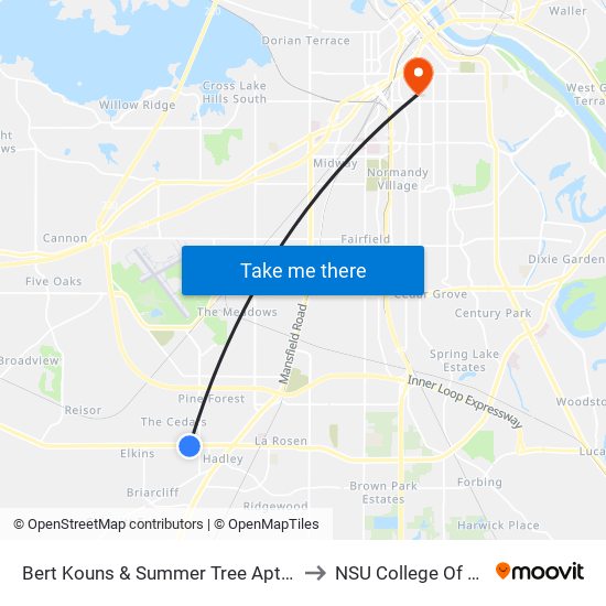 Bert Kouns & Summer Tree Apts (Inbound) to NSU College Of Nursing map