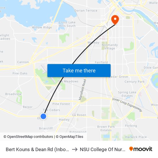 Bert Kouns & Dean Rd (Inbound) to NSU College Of Nursing map