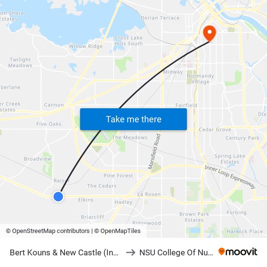 Bert Kouns & New Castle (Inbound) to NSU College Of Nursing map