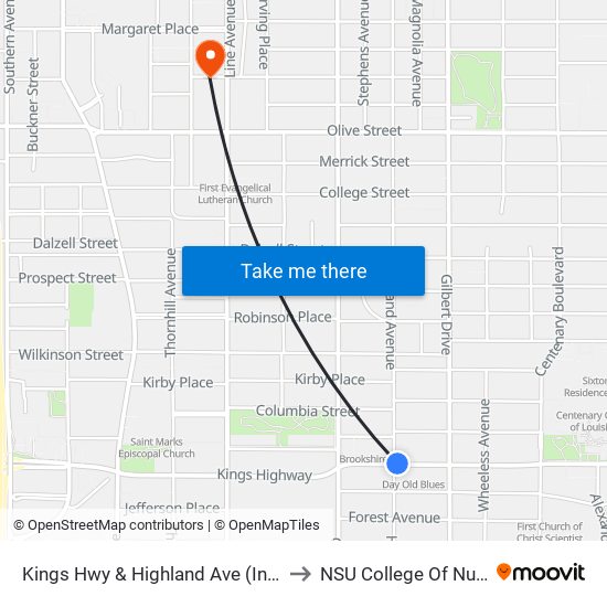 Kings Hwy & Highland Ave (Inbound) to NSU College Of Nursing map