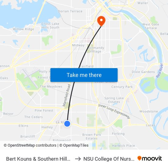 Bert Kouns & Southern Hills Pk to NSU College Of Nursing map
