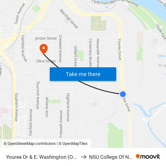 Youree Dr & E. Washington (Outbound) to NSU College Of Nursing map