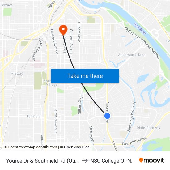 Youree Dr & Southfield Rd (Outbound) to NSU College Of Nursing map