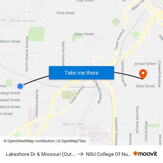 Lakeshore Dr & Missouri (Outbound) to NSU College Of Nursing map