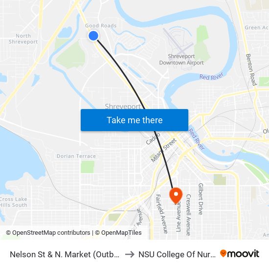 Nelson St & N. Market (Outbound) to NSU College Of Nursing map