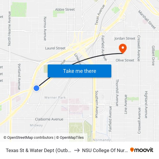 Texas St & Water Dept (Outbound) to NSU College Of Nursing map