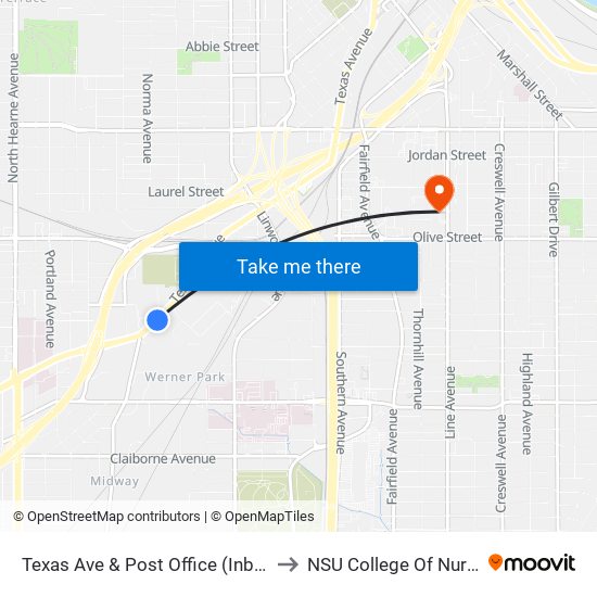 Texas Ave & Post Office (Inbound) to NSU College Of Nursing map