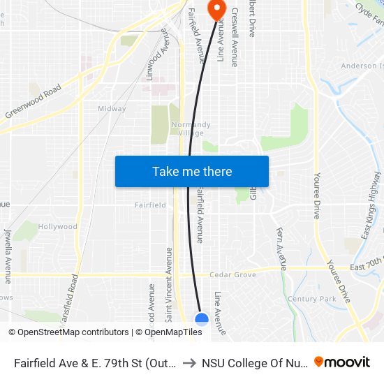 Fairfield Ave & E. 79th St (Outbound) to NSU College Of Nursing map