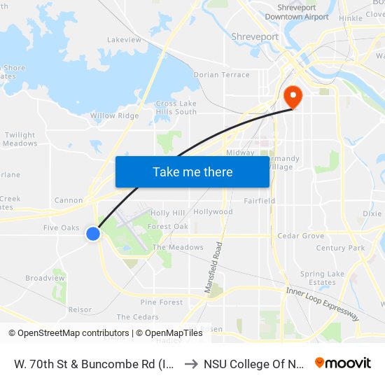 W. 70th St & Buncombe Rd (Inbound) to NSU College Of Nursing map