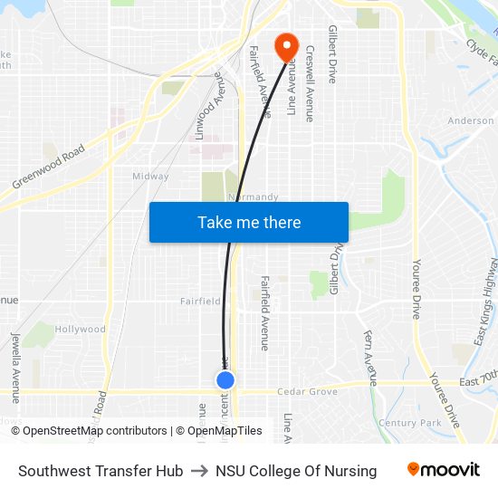 Southwest Transfer Hub to NSU College Of Nursing map