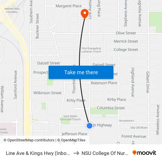 Line Ave & Kings Hwy (Inbound) to NSU College Of Nursing map